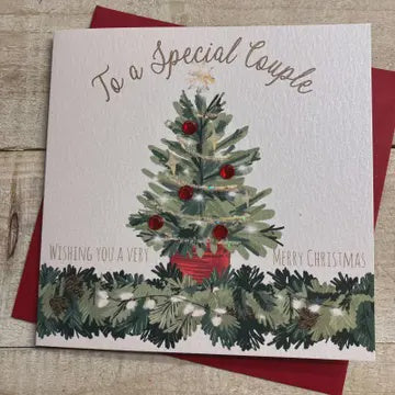 Christmas Card: Special Couple Christmas Tree Hand Decorated- White Cotton Cards