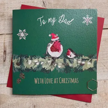 Christmas Card: Dad Robins Green Background Hand Decorated- White Cotton Cards