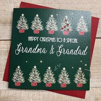 Christmas Card: Grandma & Grandad Lots of Trees Green Hand Decorated- White Cotton Cards