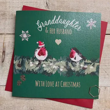 Christmas Card: Granddaughter & Husband Robins  Green Hand Decorated- White Cotton Cards
