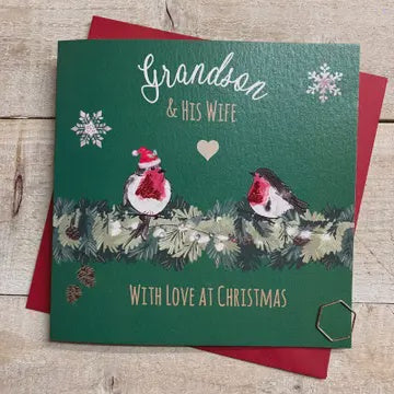 Christmas Card: Grandson & His Wife Robins  Green Hand Decorated- White Cotton Cards