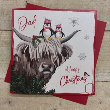 Christmas Card: Dad Highland Cow White Background Hand Decorated- White Cotton Cards