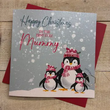 Christmas Card: Mummy The Best - Penguin - Hand Decorated- White Cotton Cards
