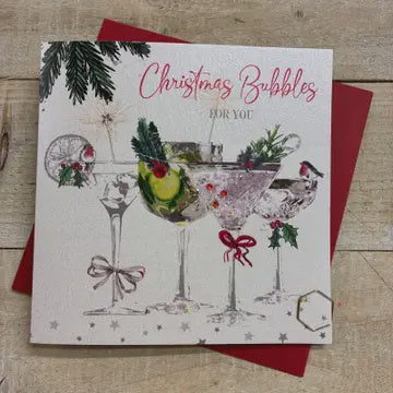 Christmas Card: Christmas Bubbles With Love  Hand Decorated- White Cotton Cards