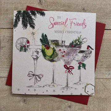 Christmas Card: Special Friends Lots Of Cocktails  Hand Decorated- White Cotton Cards