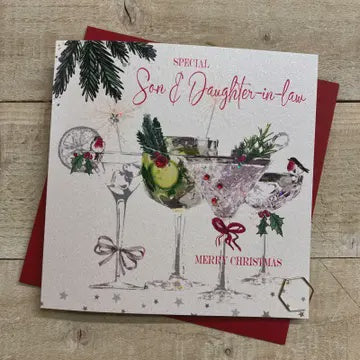 Christmas Card: Son & Daughter In Law In Law Lots Of  Cocktails Glasses - White Cotton