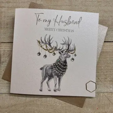 Christmas Card: Husband Stag Hand Decorated - White Cotton Cards