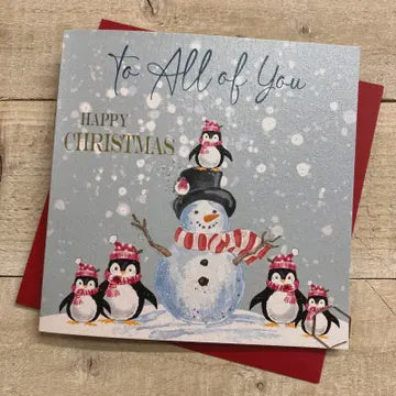 Christmas Card: To All Of You Snowman & Penguins Hand Decorated- White Cotton Cards