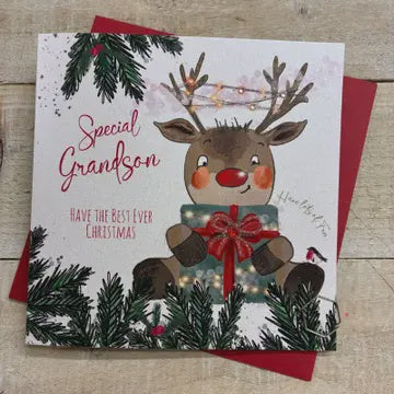 Christmas Card: Grandson Cute Reindeer Hand Decorated- White Cotton Cards