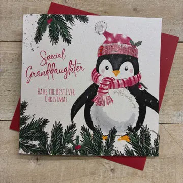 Christmas Card: Granddaughter Penguin Hand Decorated- White Cotton Cards