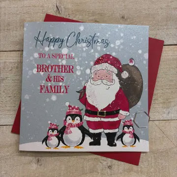 Christmas Card: Brother & Family Lots of Santa and Penguins Hand Decorated- White Cotton Cards