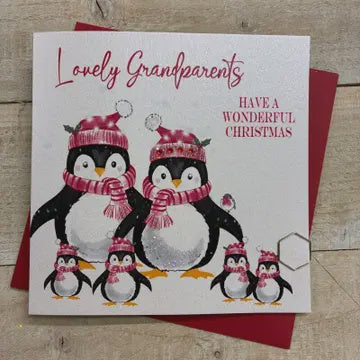 Christmas Card: Grandparents Penguin Family - White Cotton