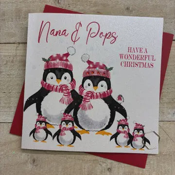 Christmas Card: Nana & Pops Penguin Family Hand Decorated - White Cotton Cards