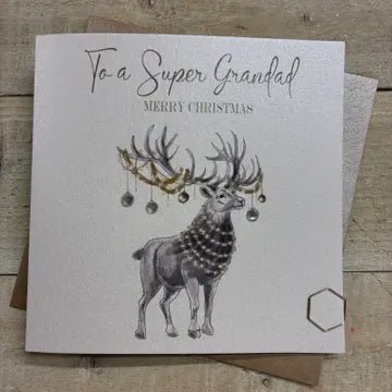 Christmas Card: Grandad Stag Hand Decorated- White Cotton Cards