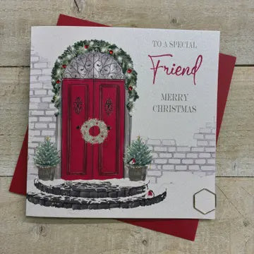 Christmas Card: Special Friend Red Front Door Hand Decorated- White Cotton Cards