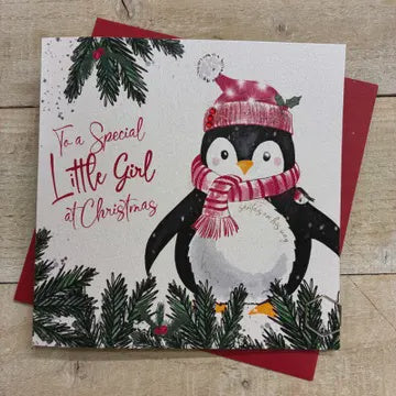 Christmas Card: Special Little Girl Hand Decorated - White Cotton