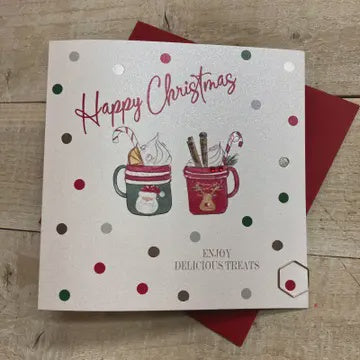 Christmas Card: Christmas Hot Chocolate Hand Decorated- White Cotton Cards
