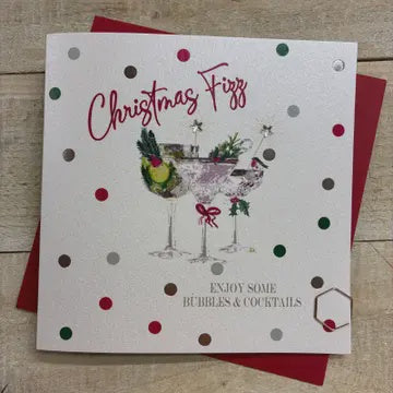 Christmas Card: Christmas Fizz Cocktail Glasses Hand Decorated- White Cotton Cards