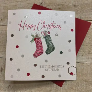 Christmas Card: Christmas Hanging Stockings Hand Decorated- White Cotton Cards