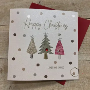 Christmas Card: Happy  Christmas Dotty Xmas Trees Hand Decorated- White Cotton Cards