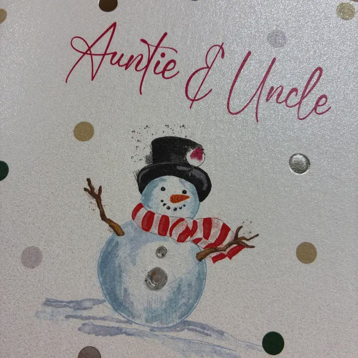 Christmas Card: Auntie & Uncle Snowman Hand Decorated- White Cotton Cards