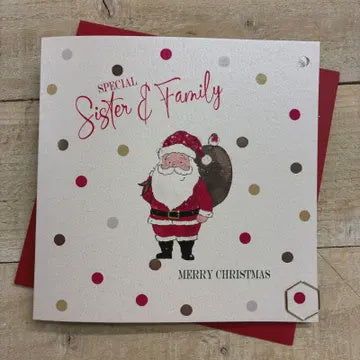 Christmas Card: Sister & Family Santa w Sack Hand Decorated- White Cotton Cards