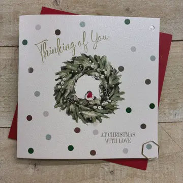 Christmas Card: Thinking Of You At Christmas Xmas Wreath Hand Decorated- White Cotton Cards