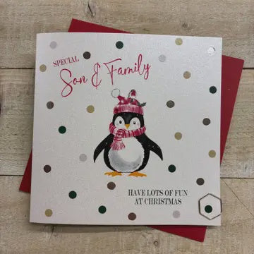 Christmas Card: Son & Family Dotty Penguin - White Cotton