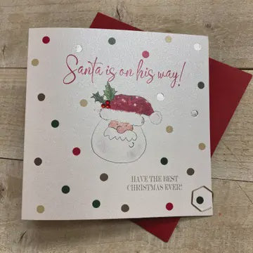 Christmas Card: Merry Christmas Dotty Santa On His Way Hand Decorated- White Cotton Cards