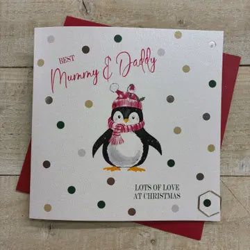 Christmas Card: Mummy & Daddy - Penguin - Hand Decorated- White Cotton Cards