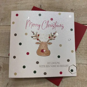 Christmas Card: Merry Christmas Dotty Reindeer Hand Decorated- White Cotton Cards