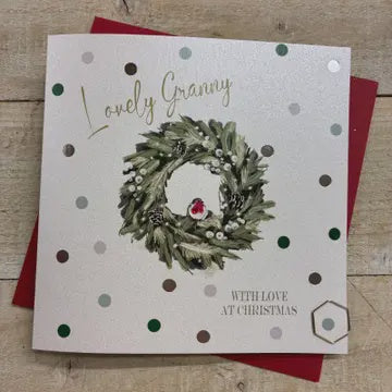 Granny Christmas Card: Christmas Wreath Hand Decorated- White Cotton Cards