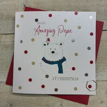 Christmas Card: Papa Dotty Polar Bear Hand Decorated - White Cotton Cards