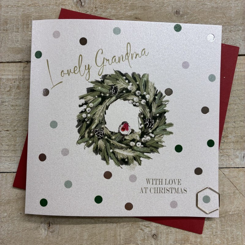 Christmas Card: Lovely Grandma Wreath & Robin Hand Decorated- White Cotton Cards