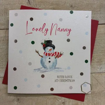 Christmas Card: Nanny Dotty Snowman Hand Decorated - White Cotton Cards