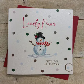 Christmas Card: Nana Dotty Snowman  Hand Decorated - White Cotton Cards
