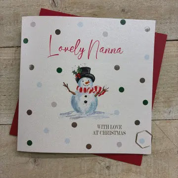 Christmas Card: Nanna Dotty Snowman Hand Decorated - White Cotton Cards