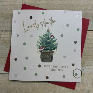 Christmas Card: Lovely Auntie Have A Wonderful Christmas Tree Hand Decorated- White Cotton Cards
