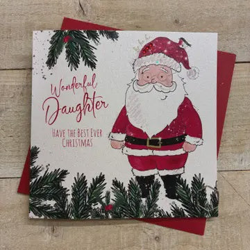 Christmas Card:  Wonderful Daughter Santa Hand Decorated- White Cotton Cards