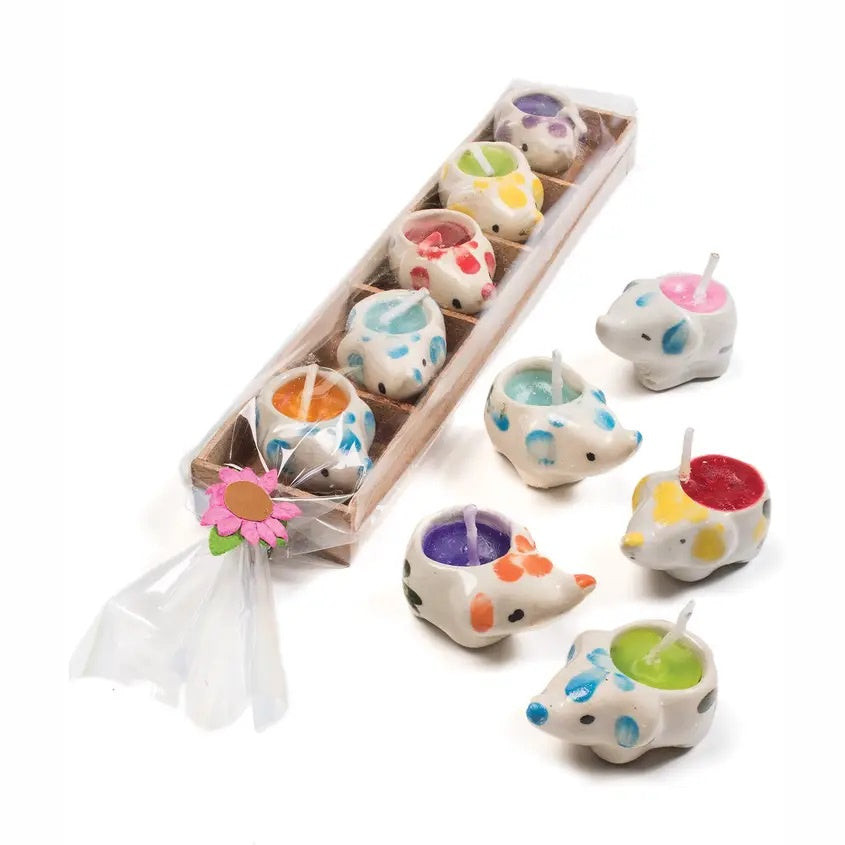 Candle: 5 Mini Elephant Candles in Wooden Box