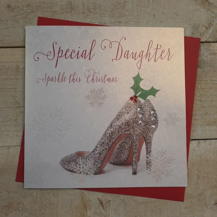 Christmas Card: Daughter-  Glitter Shoes Hand Decorated- White Cotton Cards