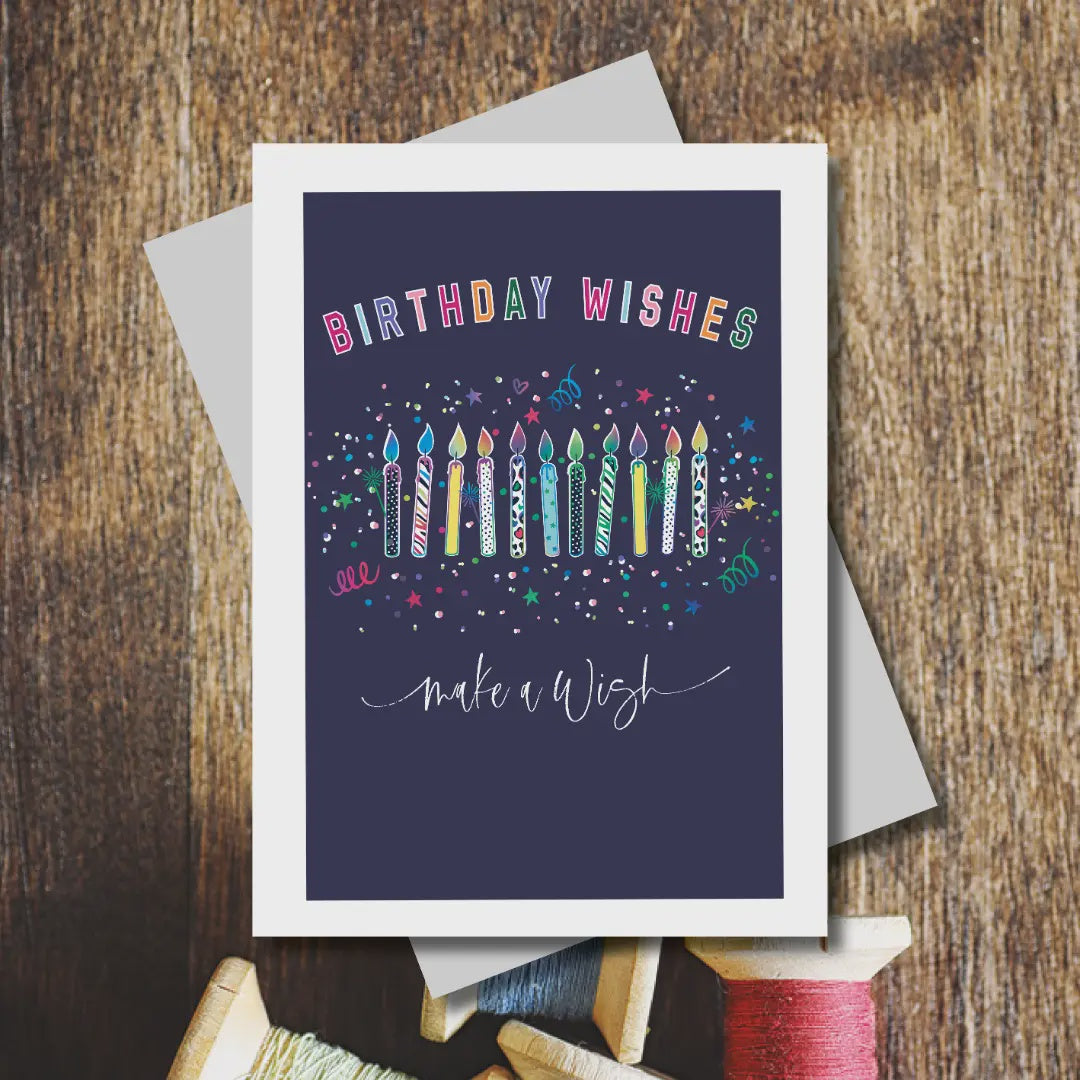 Birthday Card: Wishes Candles Confetti Rainbow Foil - Marina B