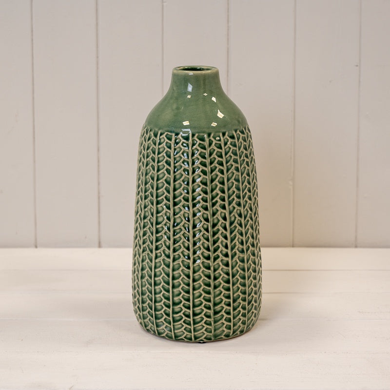 Vase: Ceramic Chevrons Narrow Neck - Green