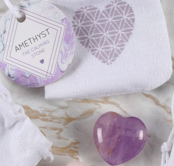 Pebble Individual Heart Polished Amethyst Gemstone in Bag - Purple