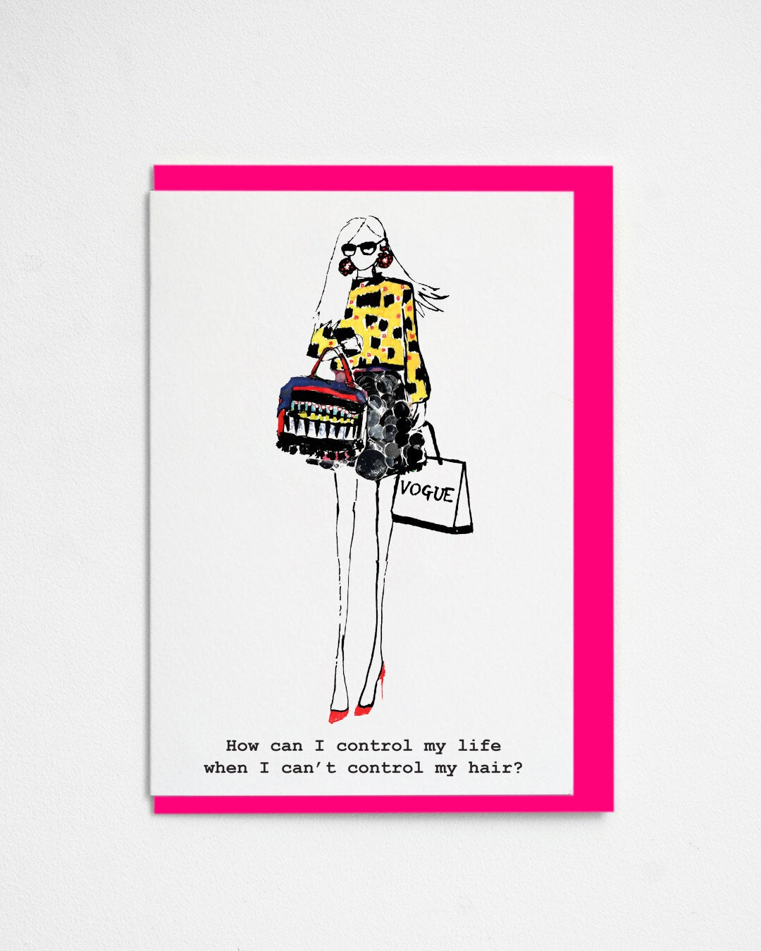 Card: Abstract Top Vogue Cant Control My Hair - Black, White & Yellow