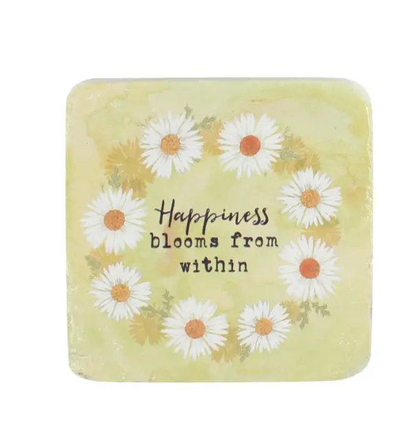 Coaster: Resin Square Daisy Quote Happiness blooms from within - Yellow