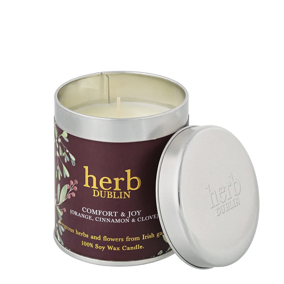 Candle: Scented Tin COMFORT & JOY - Orange, Cinnamon & Clove - Burgundy - Herb Dublin