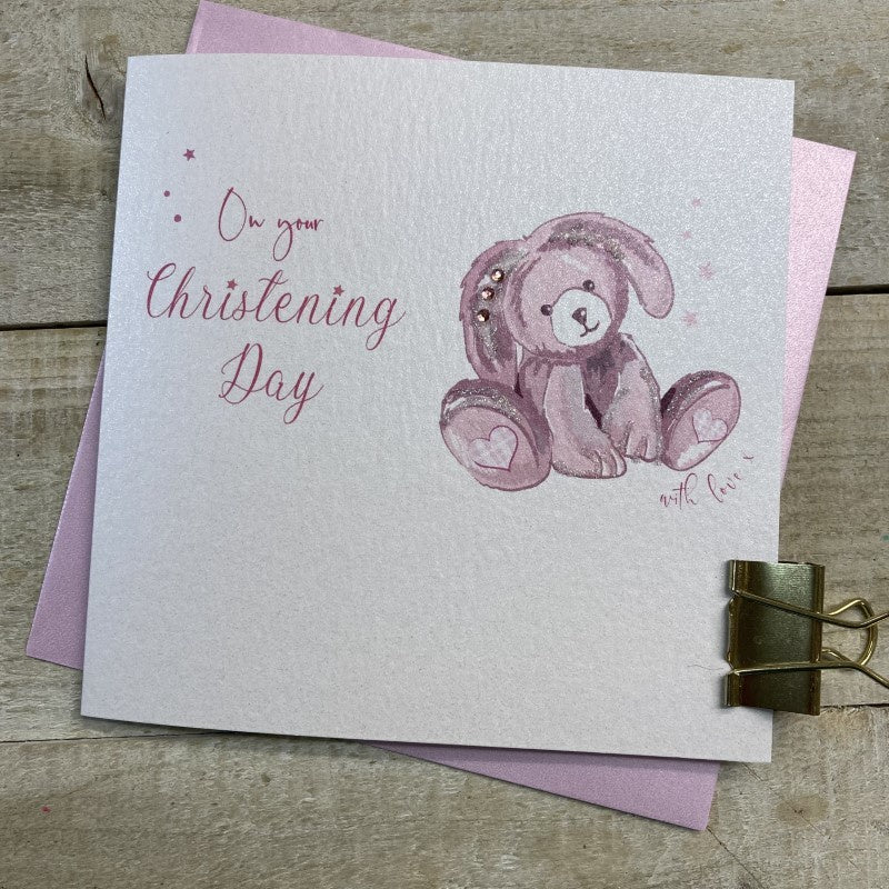Christening Girl Card: Bunny Handmade Crystals Glitter - Pink - White Cotton Cards