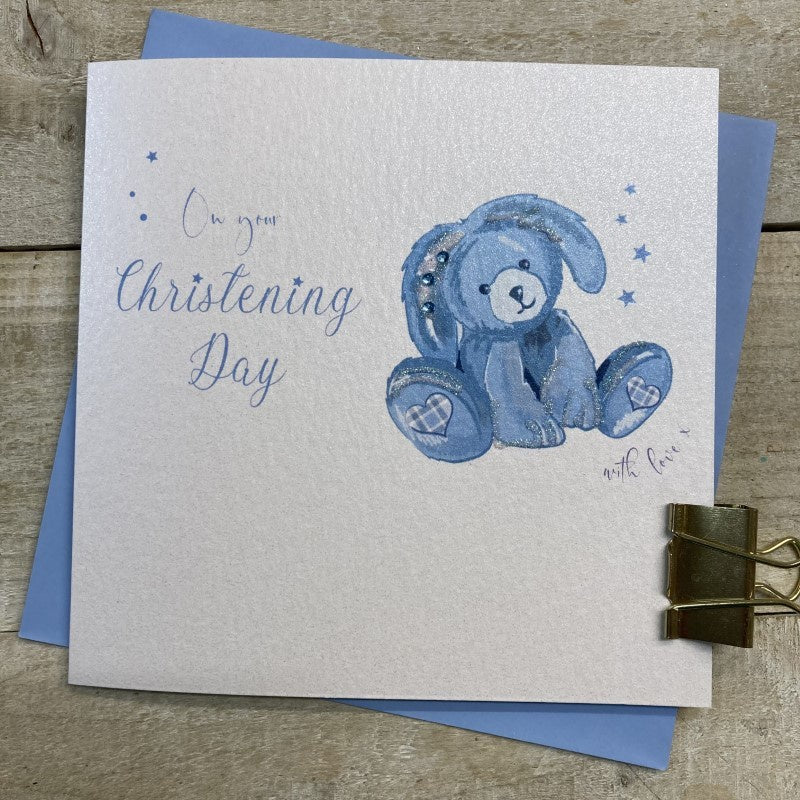 Christening Card: Boy Bunny Handmade Crystals Glitter - Blue - White Cotton Cards