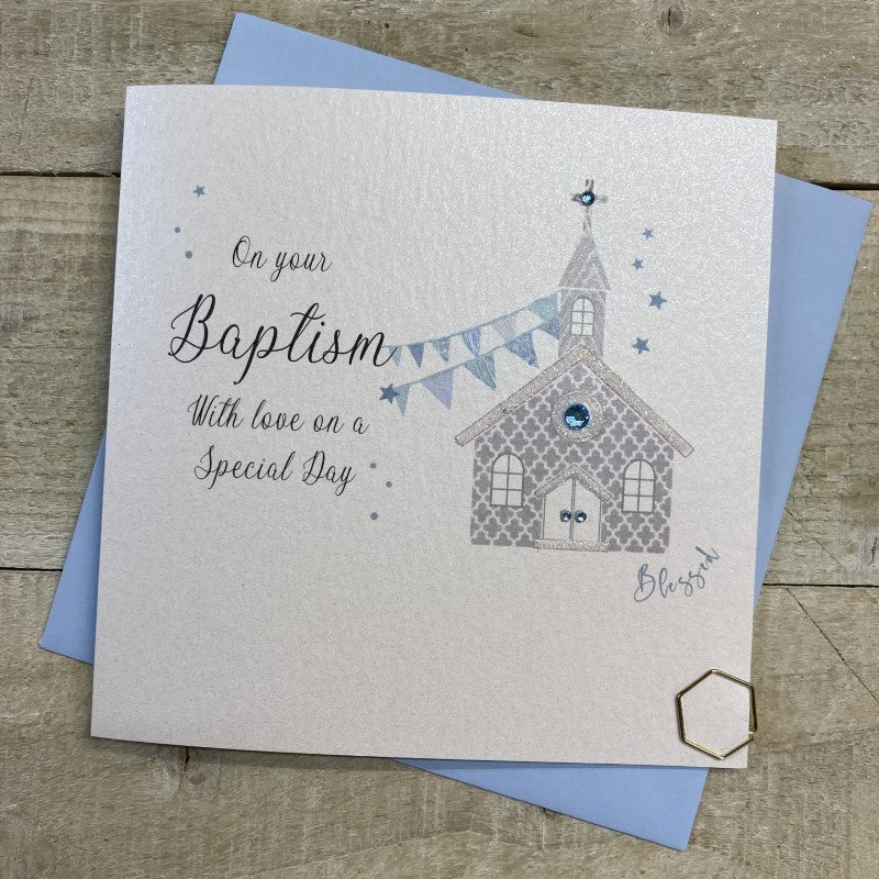Christening Card: Boy Baptism Blue Chuurch - White Cotton